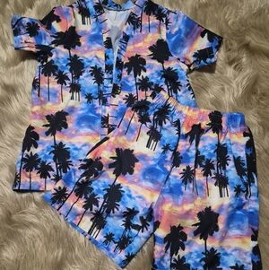 Kids Palm Tree Sunset Swim Trunk Shirt Tropical Hawaiin Set Sz 7
